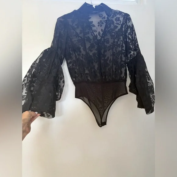 Boutique Organza Elegant Black Floral Sheer Women's blouse bodysuit - Picture 1 of 6